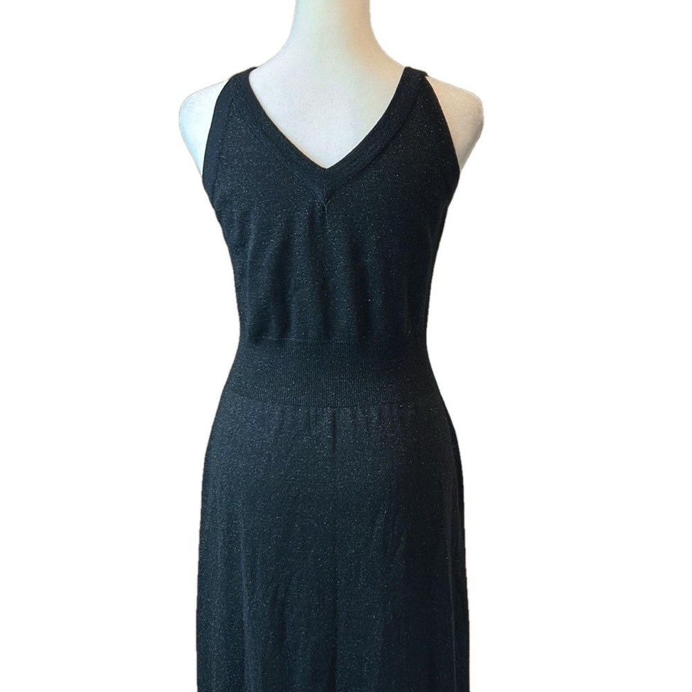 Vintage Black Wool Blend Metallic Double V Neck Tank Maxi Dress Defined Waist S - Picture 6 of 9
